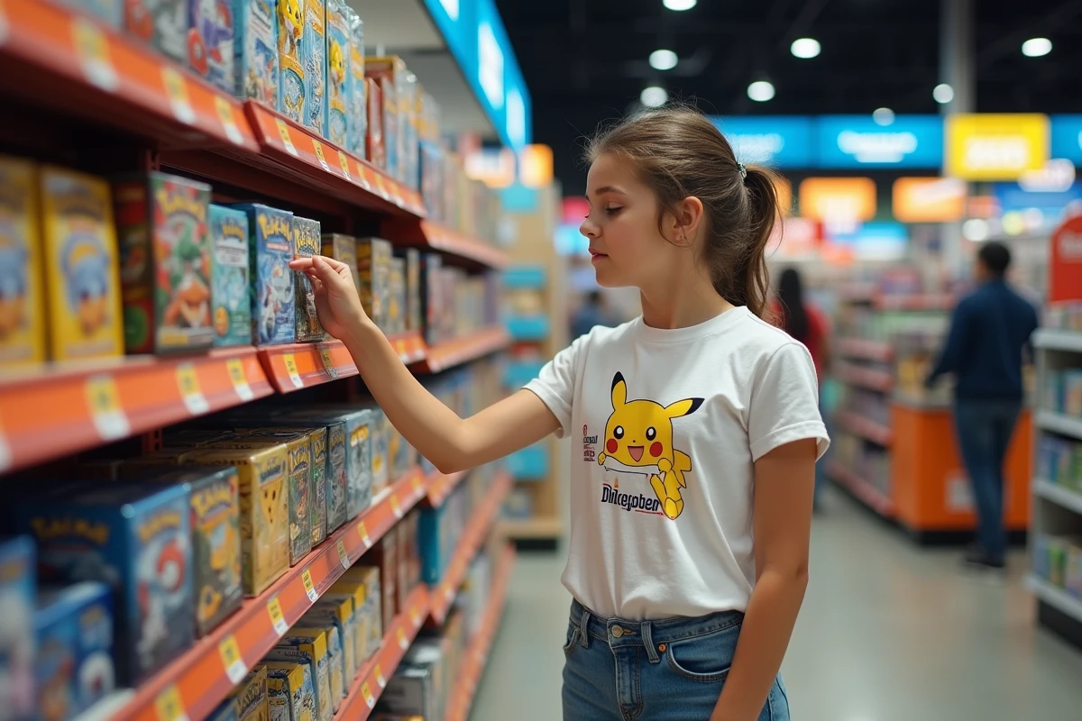 Adolescente feuilletant des boosters Pokémon dans un rayon de magasin de jeux de cartes en 2026