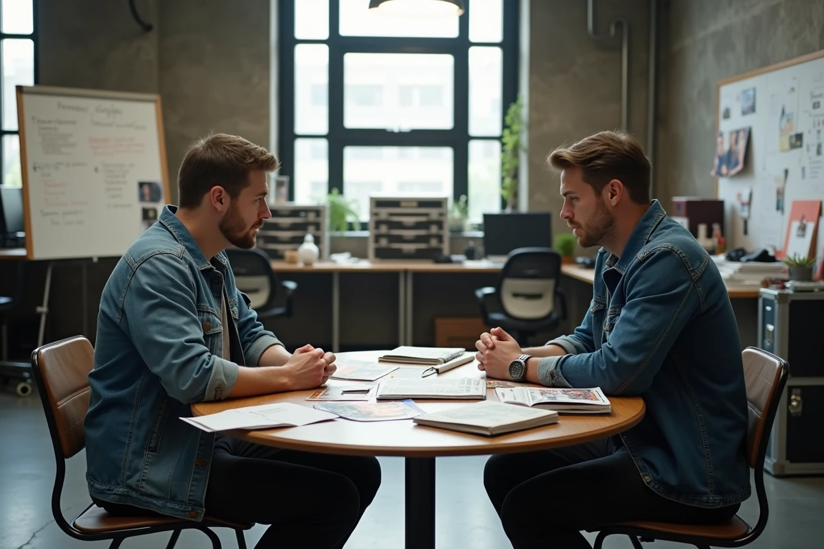 Deux acteurs Marvel en discussion autour de scripts et de comics dans un bureau de production cinématographique