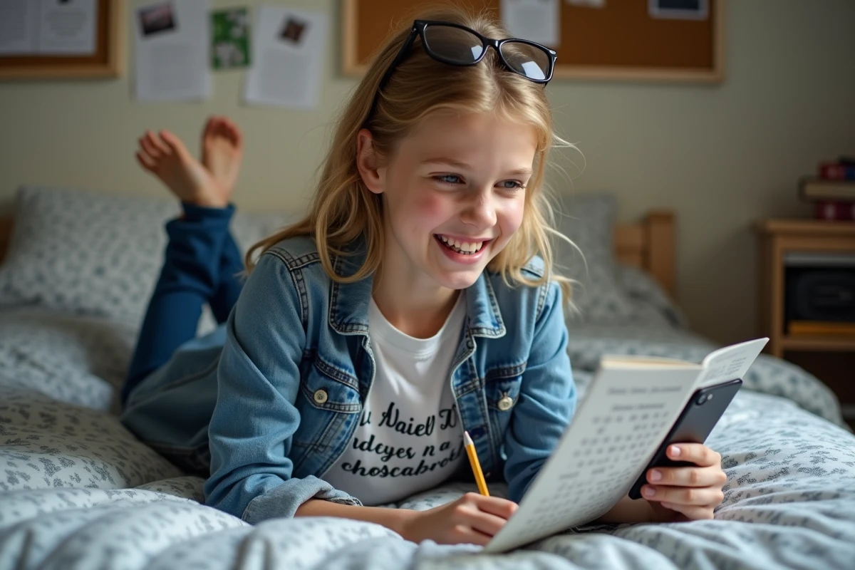 Adolescente comparant un magazine de mots croisés et l'application Codycross sur smartphone dans sa chambre