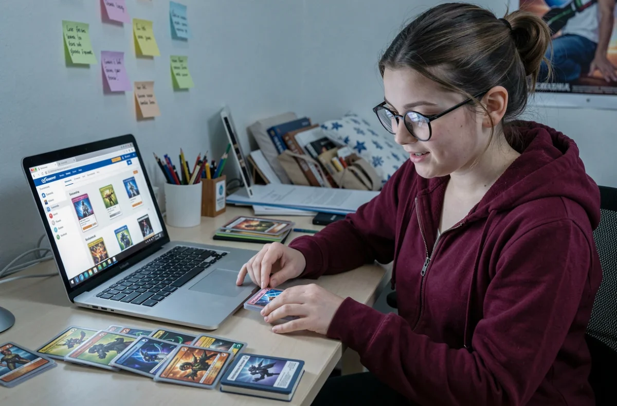 Une adolescente construisant son deck Pokémon Aventure Ensemble avec des cartes et un ordinateur portable dans sa chambre