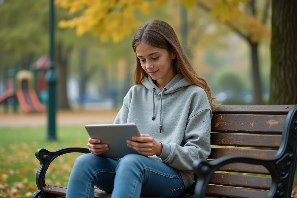 Adolescente utilisant une tablette dans un parc en plein air