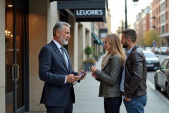 Agent immobilier en costume parle à un couple en ville