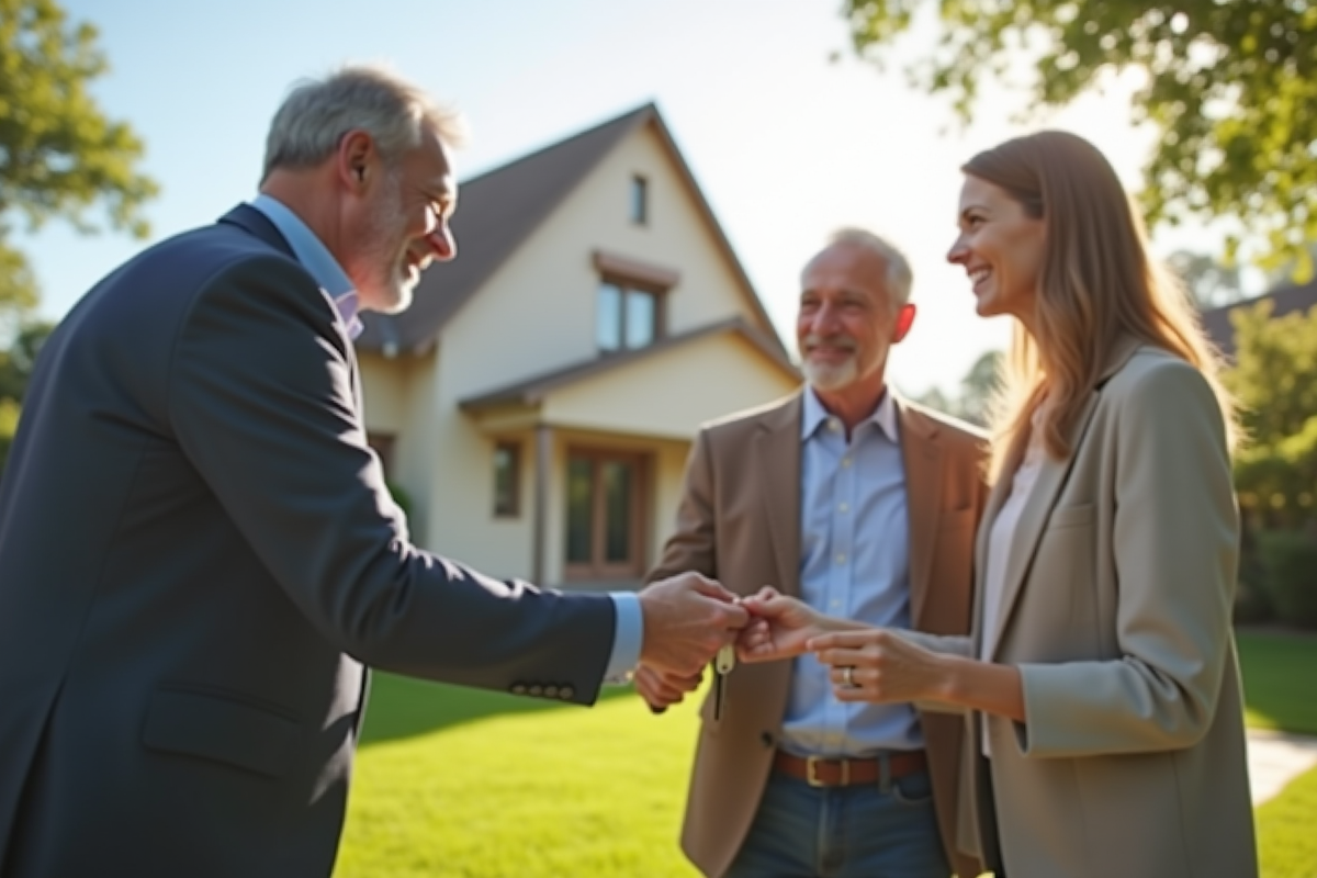 Agent immobilier donnant les clés à un couple heureux devant leur maison