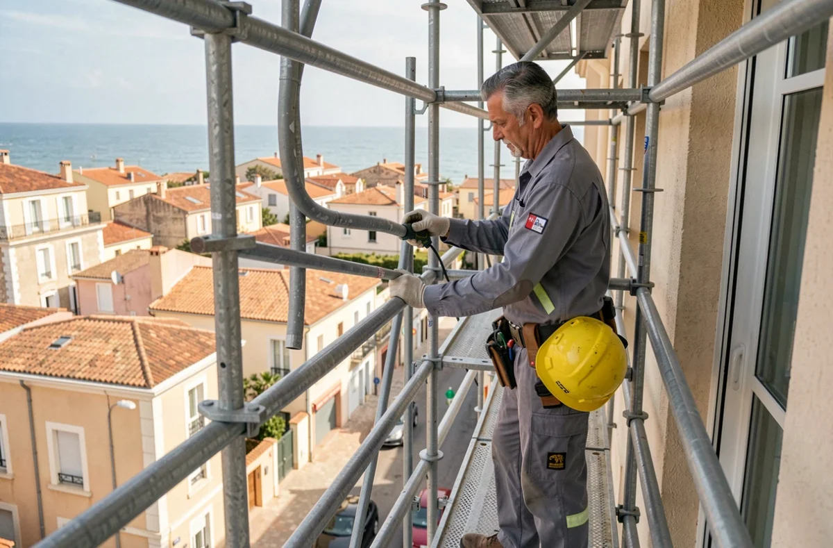 Électricien d'Ais Elec travaillant sur des conduits électriques extérieurs sur un échafaudage à La Rochelle
