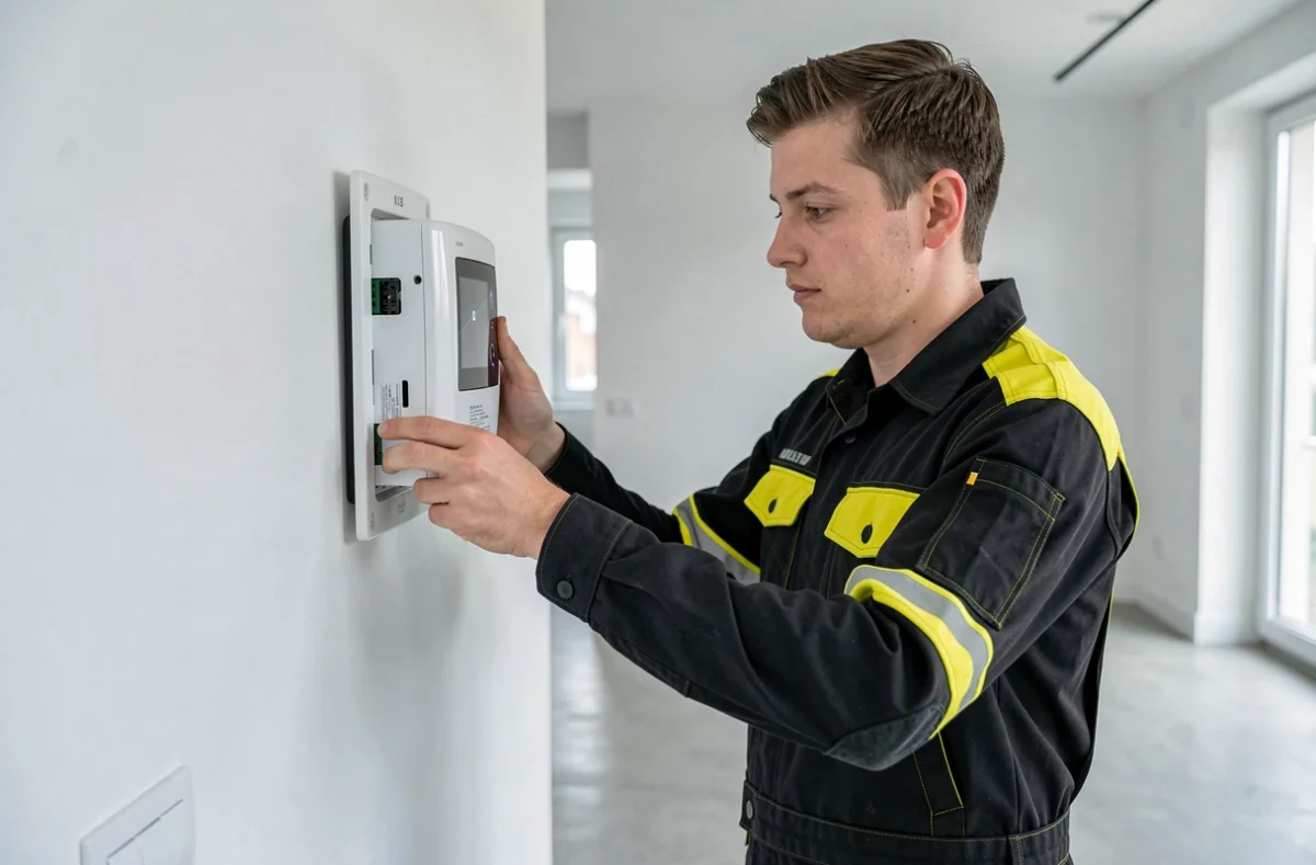 Technicien d'Alpha Watt installant un dispositif de gestion d'énergie dans un intérieur moderne à La Rochelle