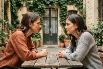Deux femmes en conversation profonde dans une cour parisienne, illustrant la connexion entre âmes karmiques