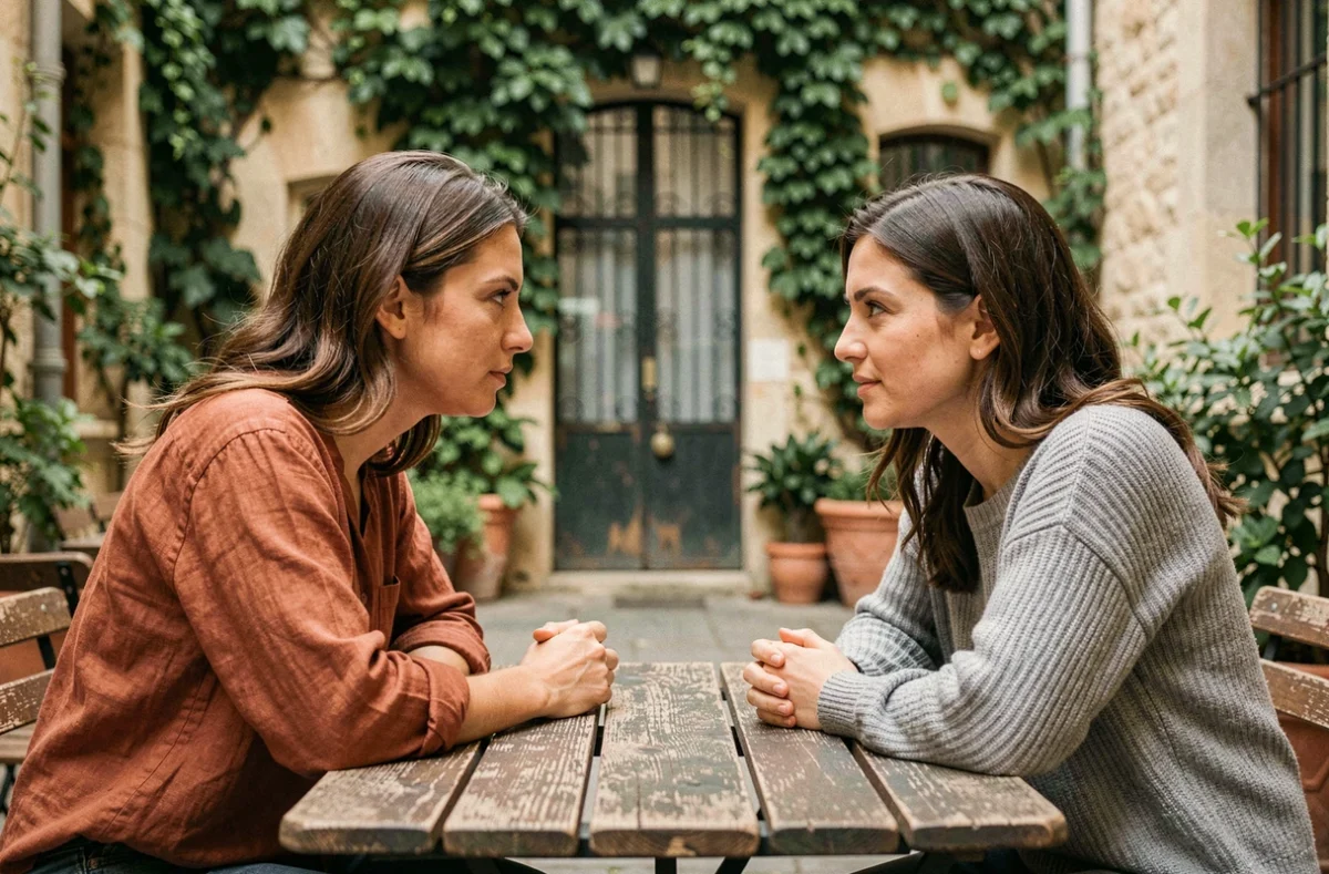 Deux femmes en conversation profonde dans une cour parisienne, illustrant la connexion entre âmes karmiques