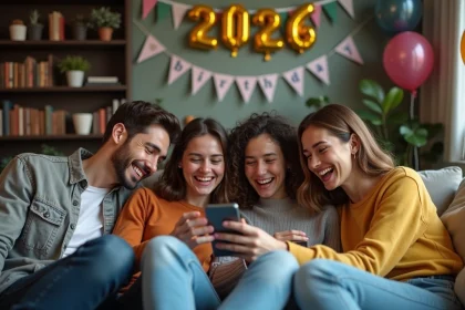 Groupe d'amis souriants lors d'un anniversaire