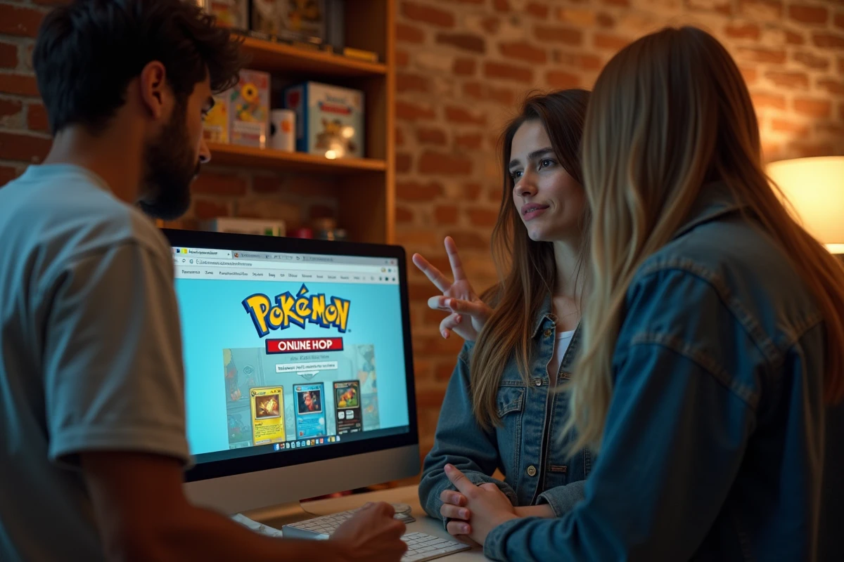 Deux amis discutant de la fiabilité d'un site de vente de cartes Pokémon devant un écran d'ordinateur