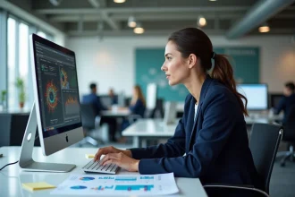 Analyste en données examinant des graphiques et des rapports numériques sur un écran d'ordinateur dans un bureau moderne