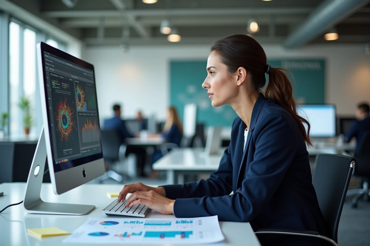 Analyste en données examinant des graphiques et des rapports numériques sur un écran d'ordinateur dans un bureau moderne