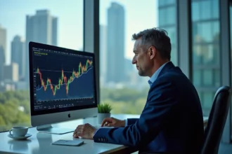 Analyste financier en costume bleu dans un bureau moderne