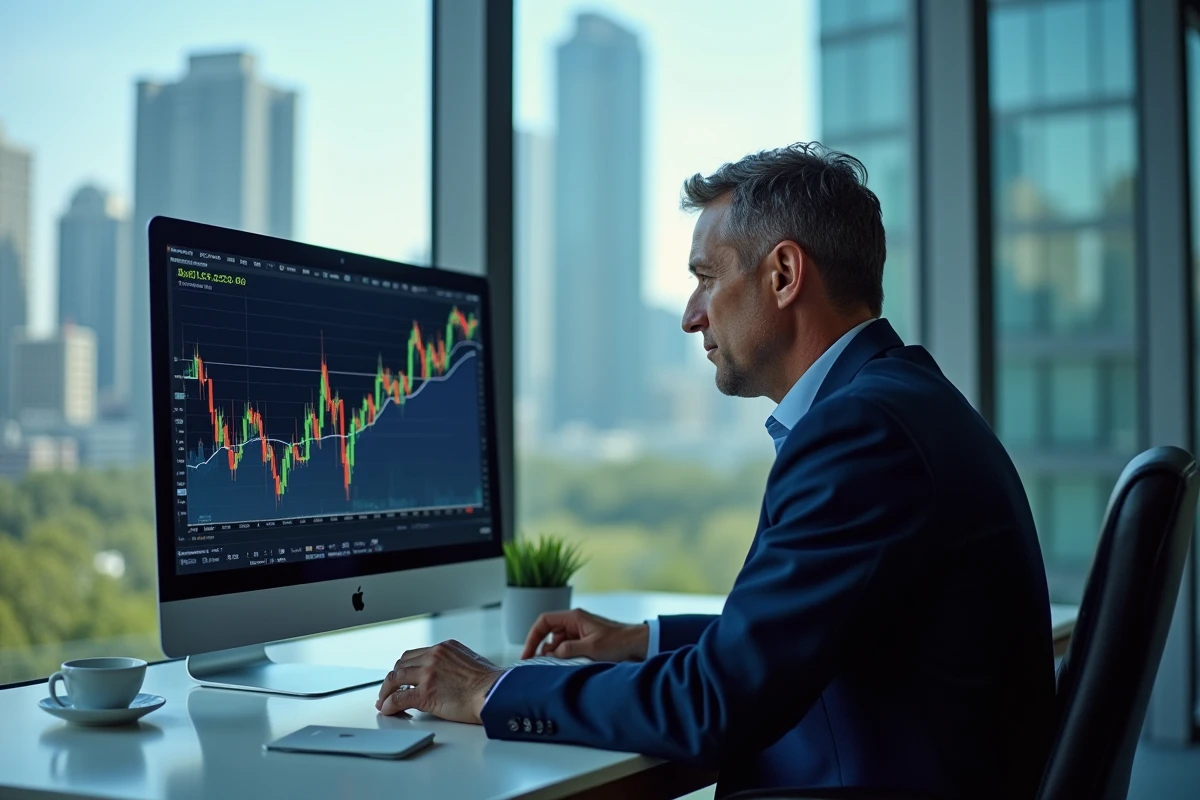 Analyste financier en costume bleu dans un bureau moderne