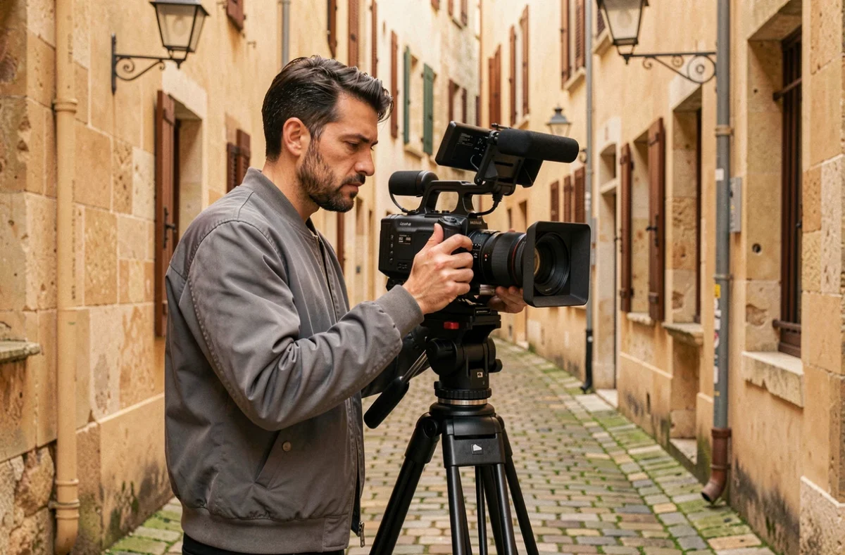 Antonio FilmMaker opérant une caméra cinéma sur trépied dans une ruelle bordelaise aux murs en pierre calcaire
