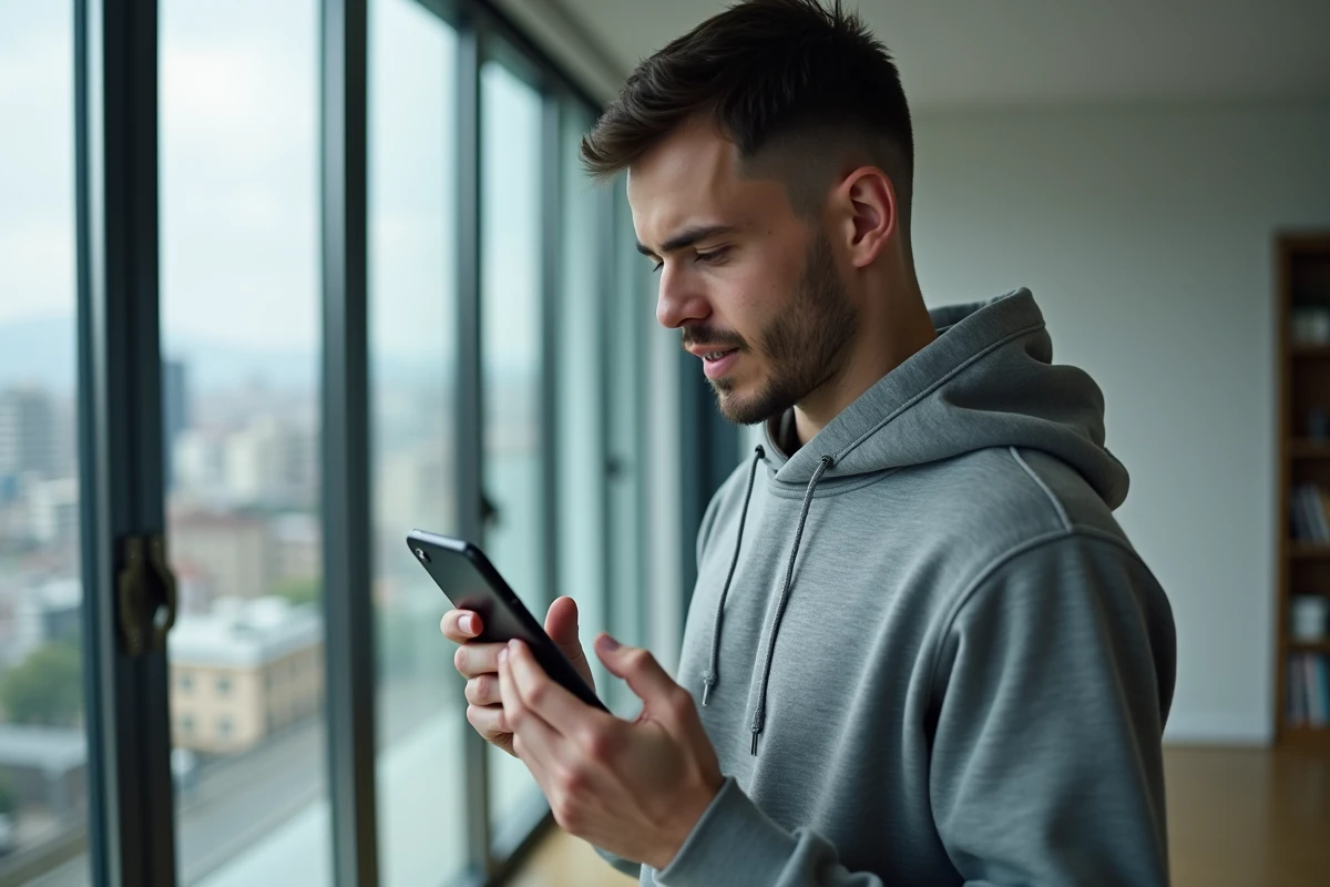 Jeune homme hésitant à répondre à un appel téléphonique international suspect avec indicatif +35