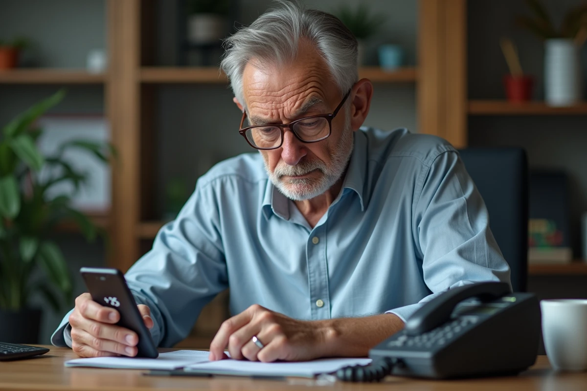 Homme âgé méfiant face à deux téléphones affichant un appel entrant avec l'indicatif pays +35, arnaque possible