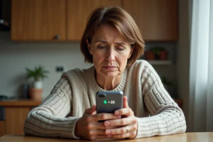Femme regardant un appel entrant avec l'indicatif +35 sur son smartphone, expression perplexe et méfiante
