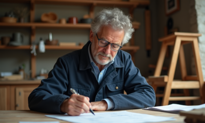 Artisan français en bureau en bois concentré sur ses papiers