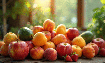 Assortiment de fruits frais commençant par A sur une table en bois