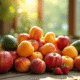 Assortiment de fruits frais commençant par A sur une table en bois