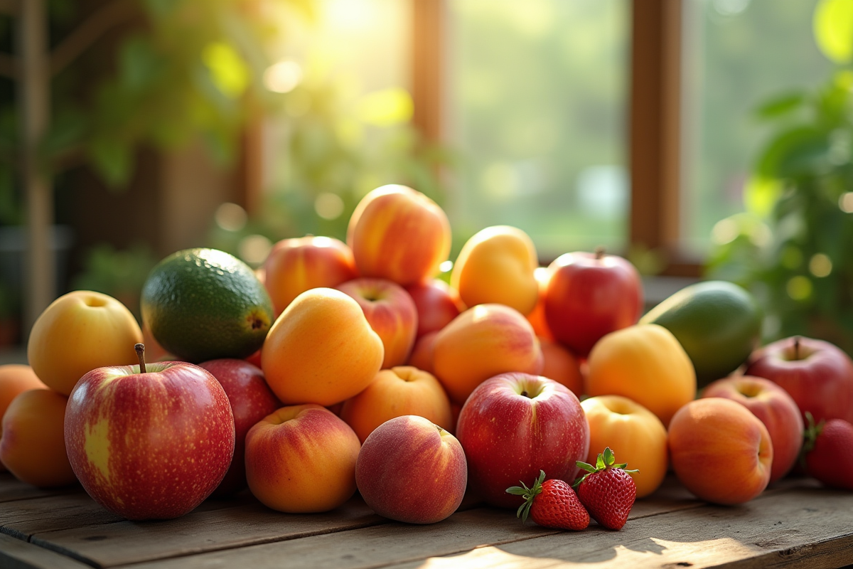 Assortiment de fruits frais commençant par A sur une table en bois