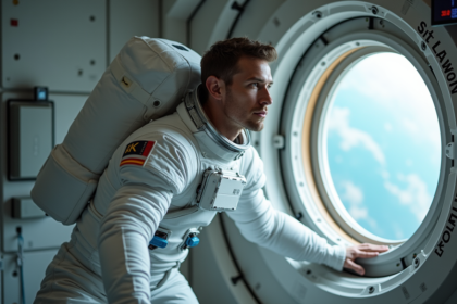 Astronaute flottant dans la station spatiale en tenue blanche