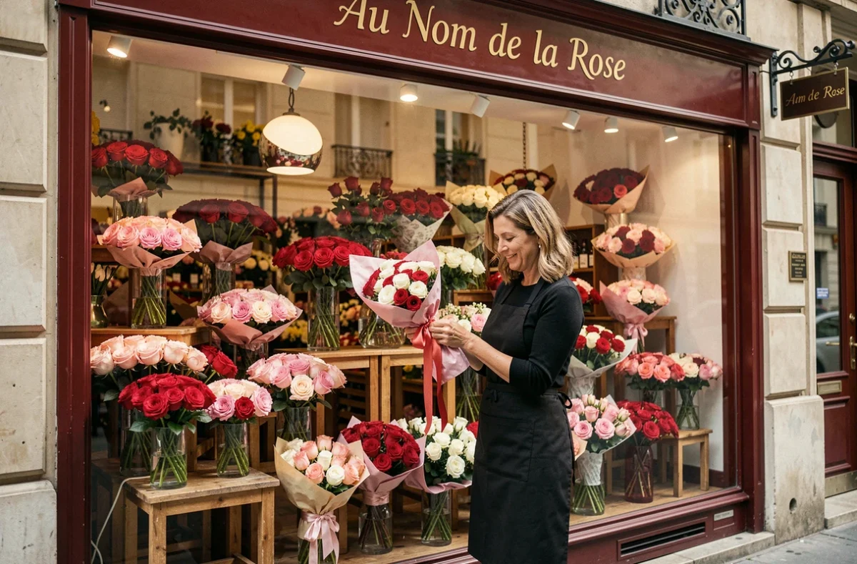 Devanture de la boutique Au Nom de la Rose avec une floraliste nouant un ruban autour d'un bouquet de roses rouges et roses dans une vitrine garnie de compositions florales élégantes