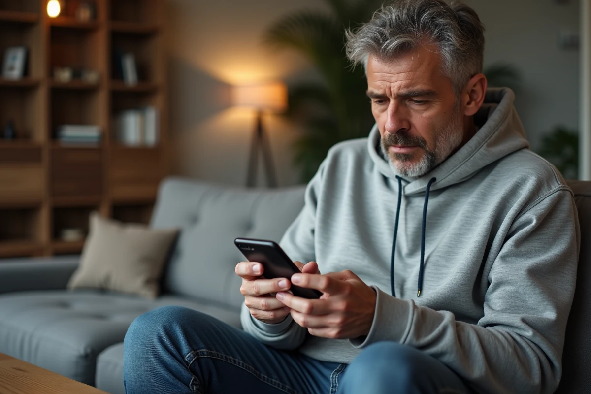 Homme utilisant l'authentification à deux facteurs sur son smartphone pour sécuriser son compte en ligne dans un salon