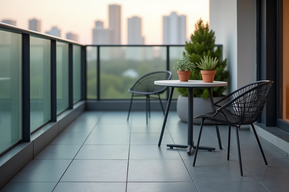 Balcon urbain avec carrelage anthracite et mobilier acier noir, association de tons gris et neutres pour terrasse contemporaine