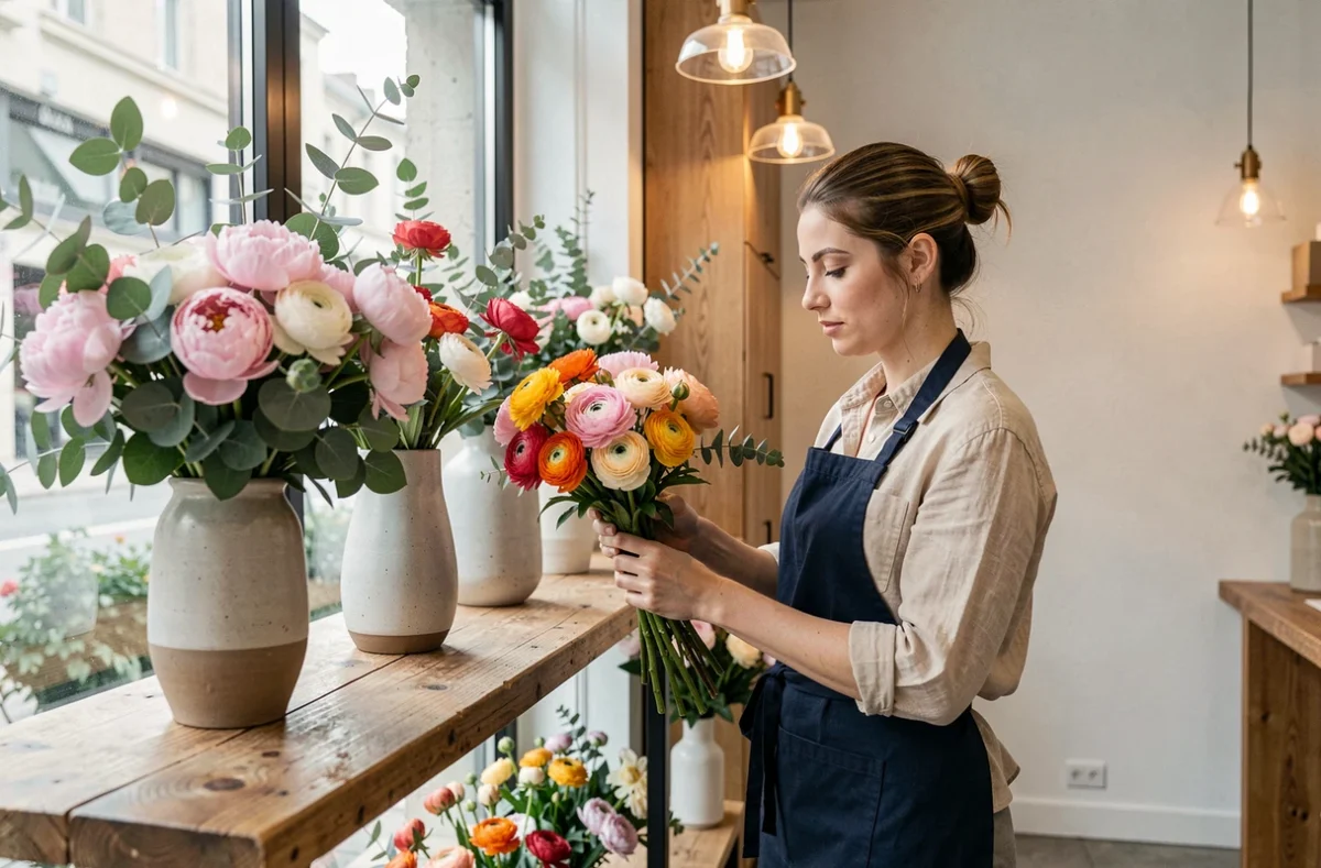 Boutique Biloba à Toulouse avec une floraliste ajustant un bouquet de pivoines et d'eucalyptus dans des vases en céramique sur une étagère en bois brut