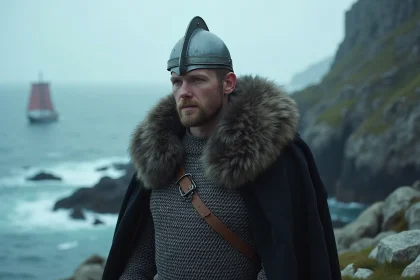 Portrait d'un guerrier viking en armure de mailles sur une côte rocheuse scandinave, évoquant Bjorn roi viking et ses stratégies de bataille