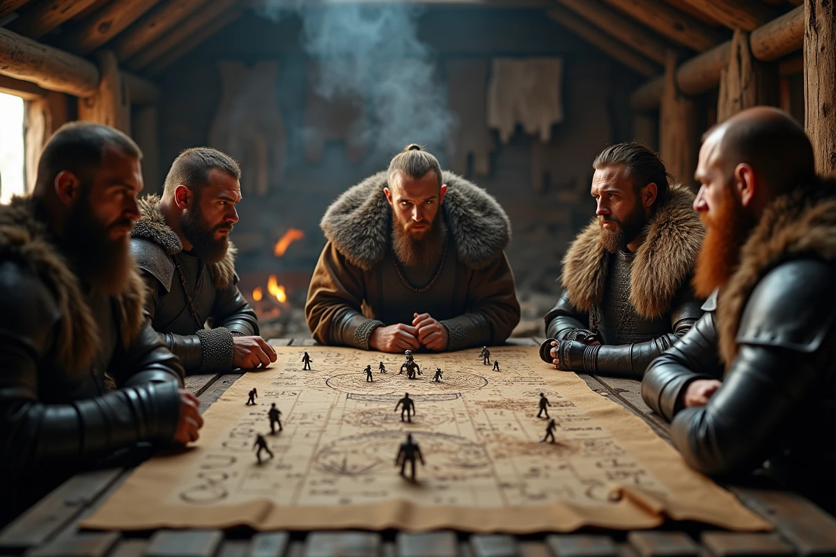 Conseil de guerre viking dans une maison longue en bois avec un chef étudiant des cartes de bataille runiques, illustrant la stratégie militaire de Bjorn roi viking