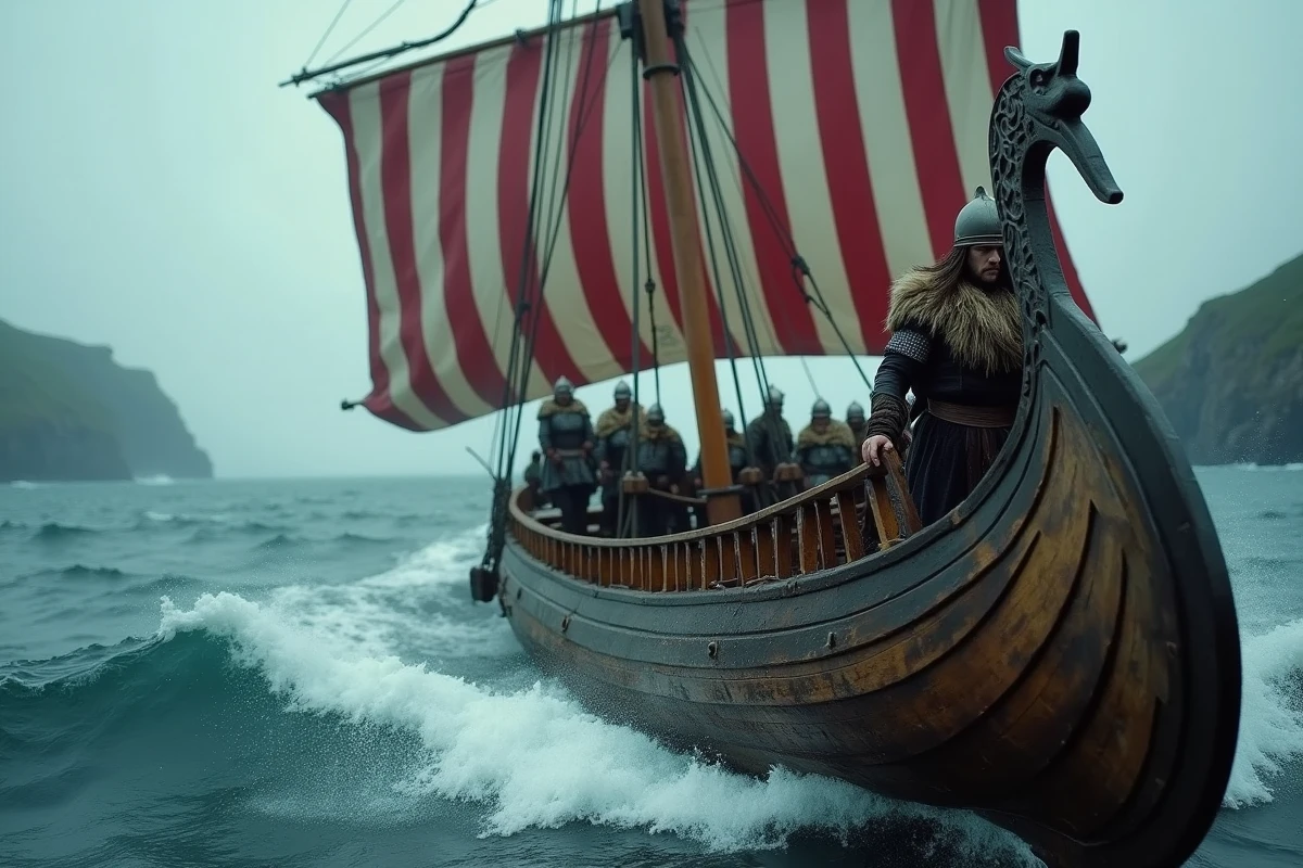 Drakkar viking fendant les mers du Nord avec des guerriers en armure, illustrant les batailles navales décisives du stratège Bjorn roi viking