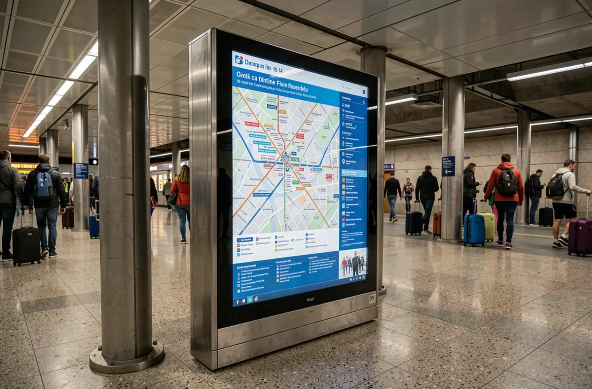 Borne interactive affichant la carte du métro ligne 14 avec les arrêts proches des sites olympiques de Paris