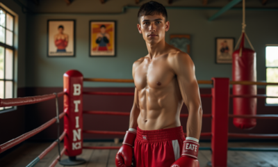 Jeune boxeur confiant dans une salle de gym vintage