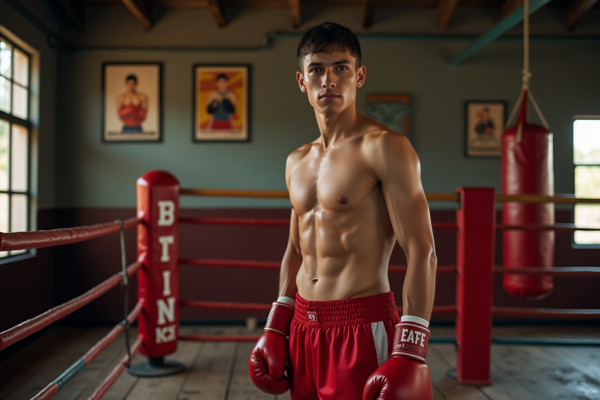 Jeune boxeur confiant dans une salle de gym vintage