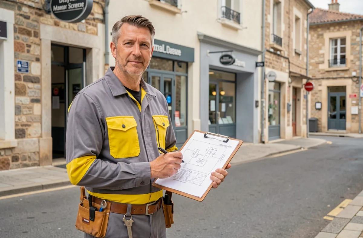 Électricien de l'entreprise Brunet devant un immeuble commercial à La Rochelle, prêt pour une intervention