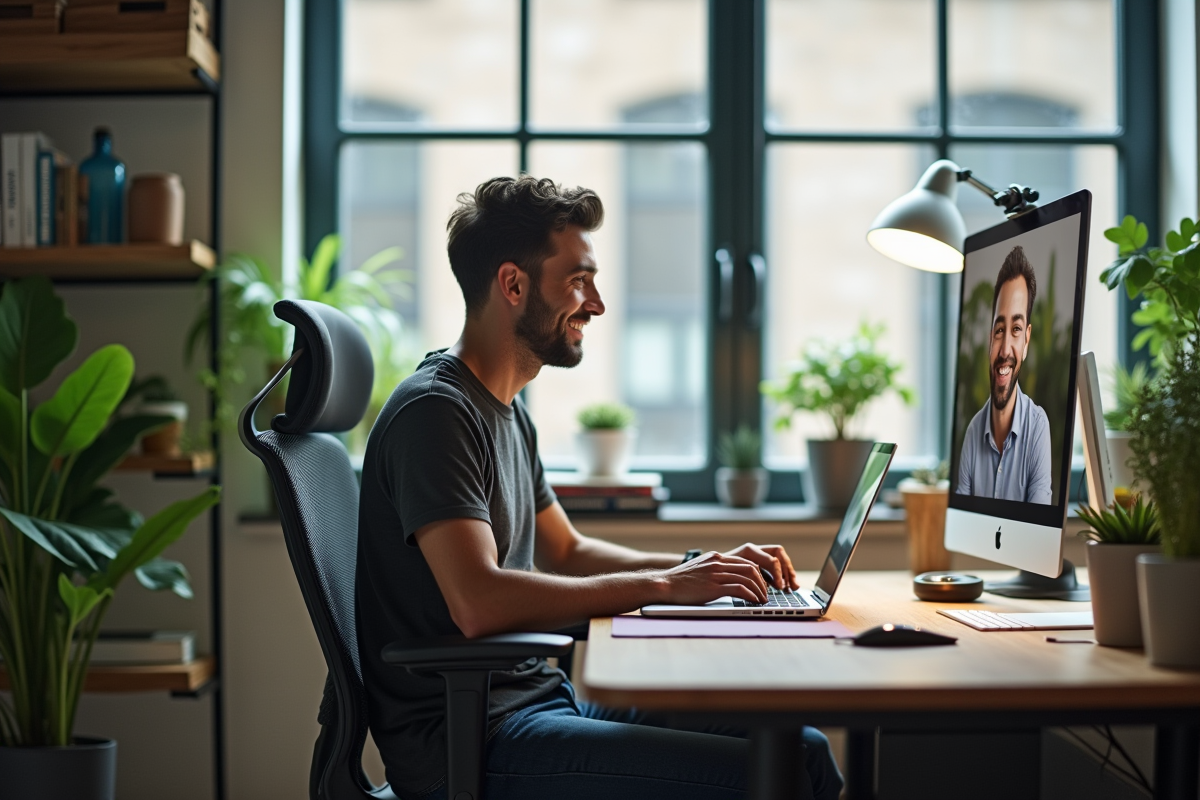 Espace de travail organisé avec homme en visioconference