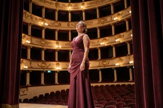 Cantatrice célèbre en robe bordeaux sur scène d'opéra historique avant l'interprétation d'un aria mythique