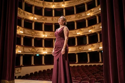 Cantatrice célèbre en robe bordeaux sur scène d'opéra historique avant l'interprétation d'un aria mythique