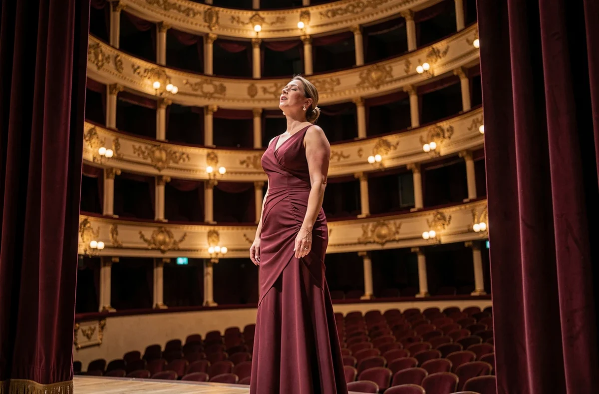 Cantatrice célèbre en robe bordeaux sur scène d'opéra historique avant l'interprétation d'un aria mythique