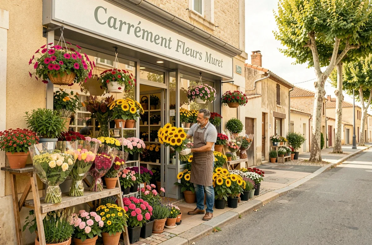 Devanture de Carrément Fleurs à Muret avec un fleuriste arrangeant des bouquets de tournesols devant un étalage de plantes en pot et de paniers suspendus colorés