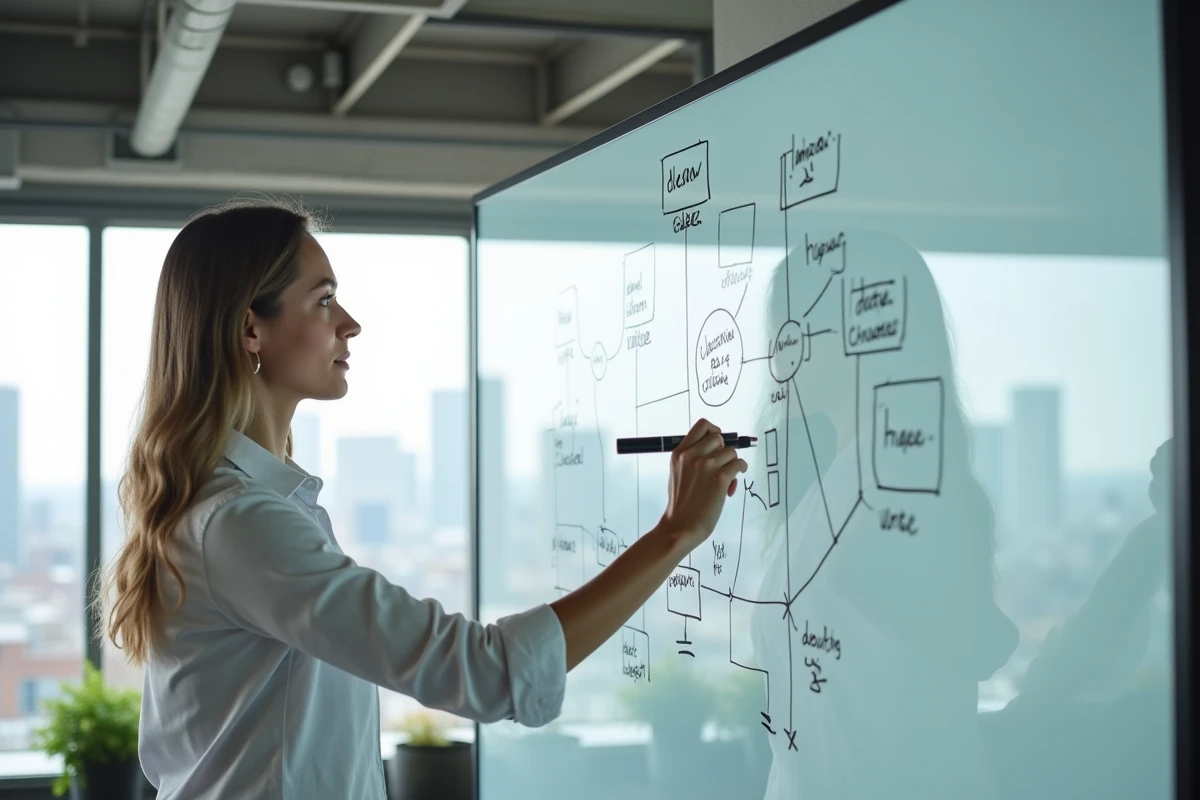 Jeune femme cartographiant un flux de données complexe sur un tableau blanc dans un espace de coworking avec vue urbaine