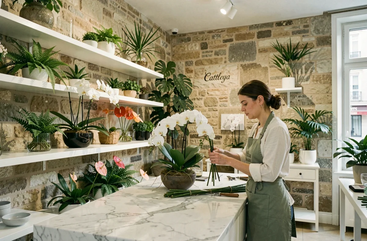 Intérieur de la boutique Cattleya à Toulouse avec une floraliste arrangeant des orchidées et des anthuriums sur des étagères blanches contre un mur en pierre