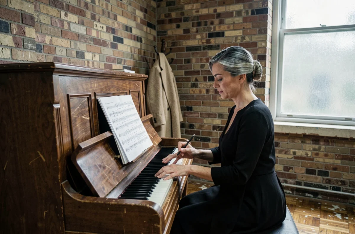 Chanteuse d'opéra en salle de répétition annotant une partition de chant lyrique au piano