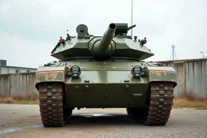 Char Leclerc d'occasion dans un dépôt militaire avec traces d'usure sur la tourelle et les chenilles