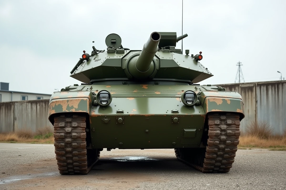 Char Leclerc d'occasion dans un dépôt militaire avec traces d'usure sur la tourelle et les chenilles