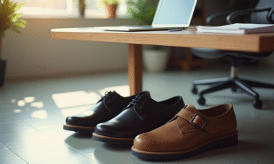 Deux paires de chaussures de travail sous un bureau lumineux