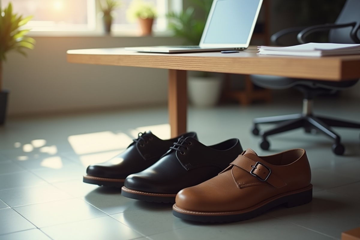 Deux paires de chaussures de travail sous un bureau lumineux