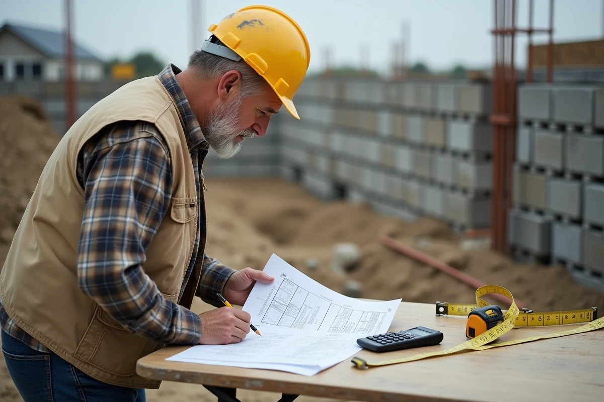 Chef de chantier consultant un devis de construction avec calculatrice et mètre ruban sur une table de travail en extérieur